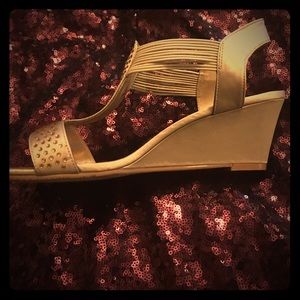 Shimmering gold low wedges